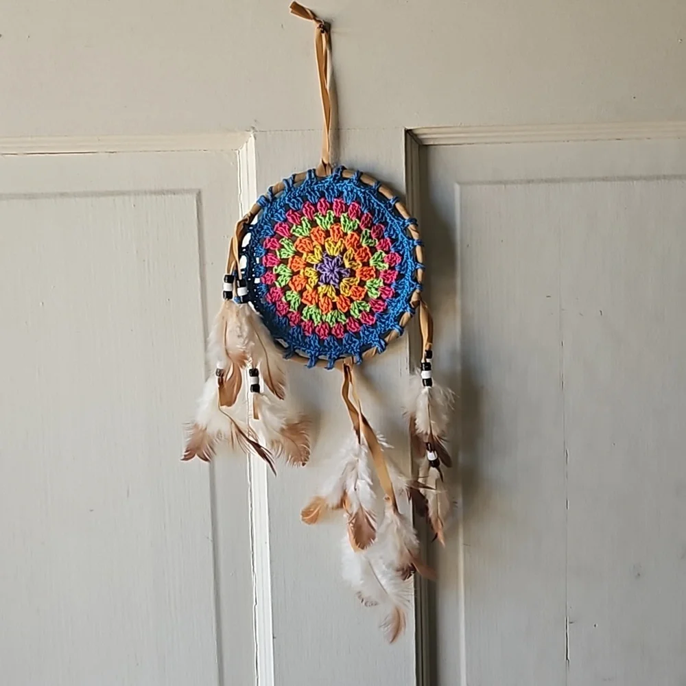 Hand Crafted crochet dreamcatcher multicolored floral eclectic textile decor